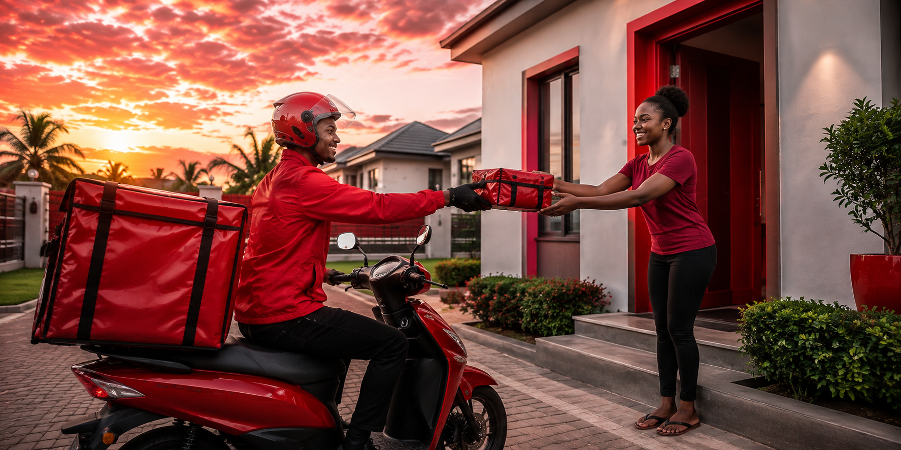 Sendo courier handing a package to a customer at the doorstep